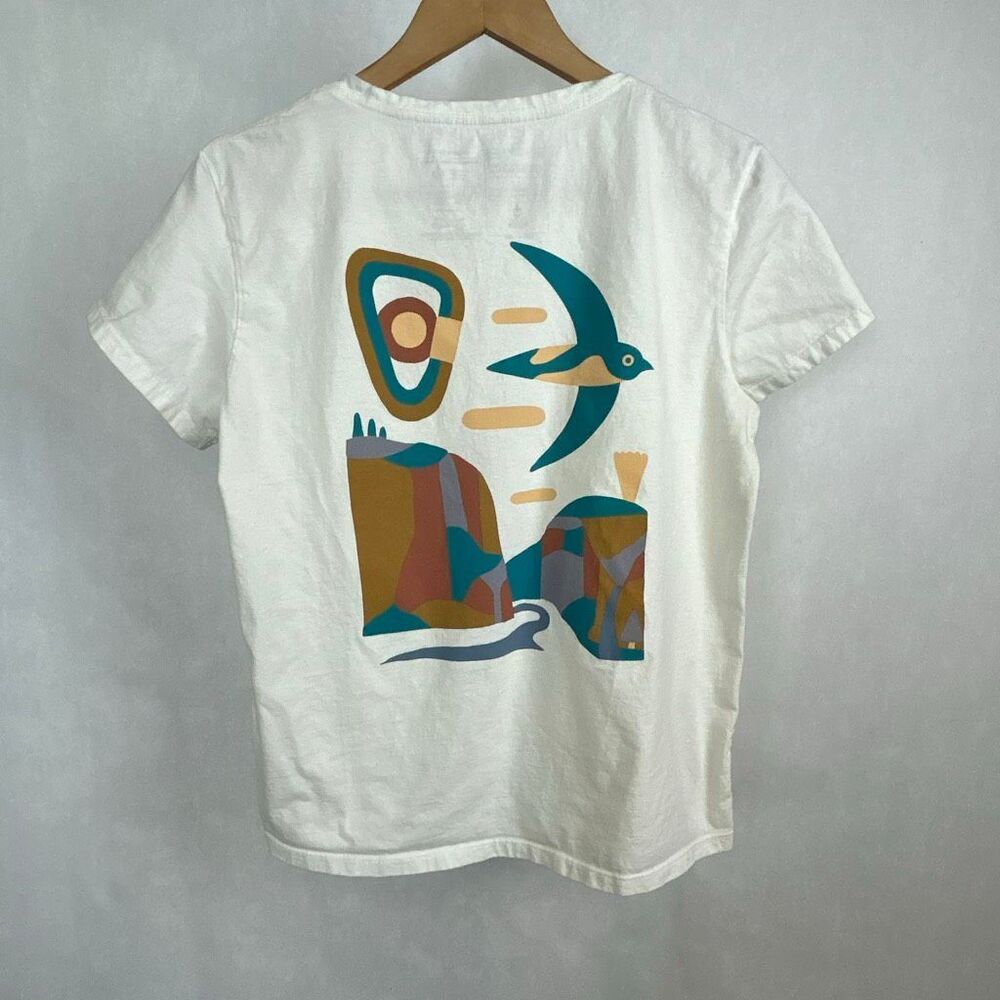 Patagonia White Short Sleeve Tee with Teal, Mustard & Brown Graphic